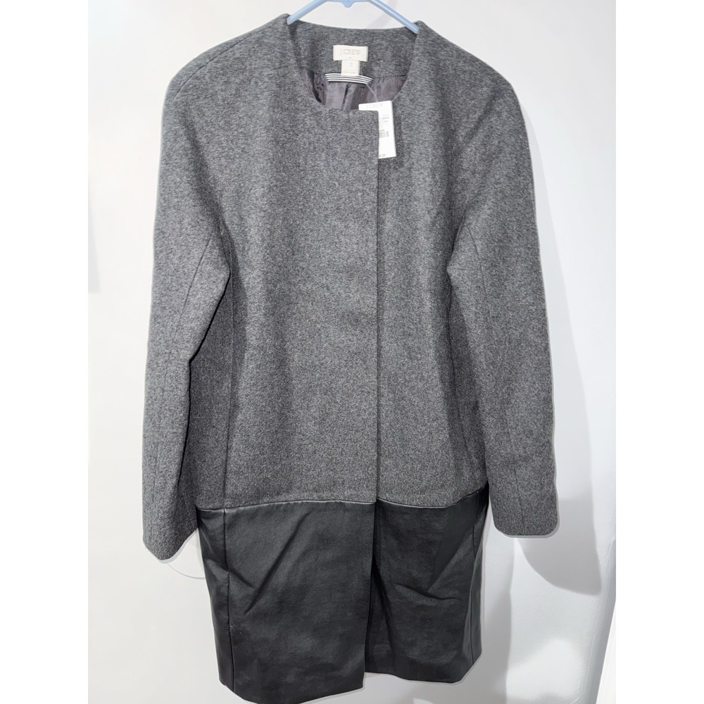 J.Crew Gray Collarless Wool Blend Coat‎ w/ Black Faux Leather Panel  Sz 2 NWT